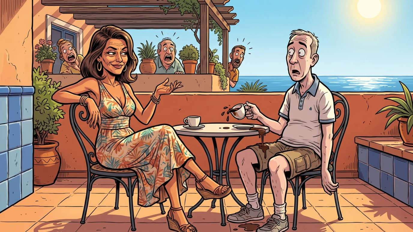 Ilustración de cómic español mujer canaria explica algo con naturalidad mientras un hombre peninsular la mira con expresión de absoluta perplejidad derramando el café