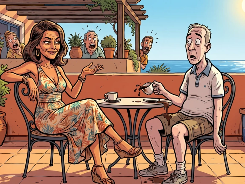 Ilustración de cómic español mujer canaria explica algo con naturalidad mientras un hombre peninsular la mira con expresión de absoluta perplejidad derramando el café