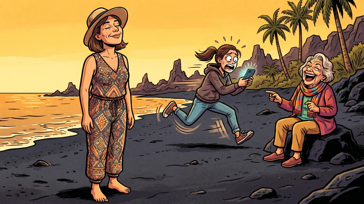 Ilustración de cómic español mujer de 40 años descalza y en paz en playa de arena negra canaria mientras una versión joven de ella misma corre frenética al fondo