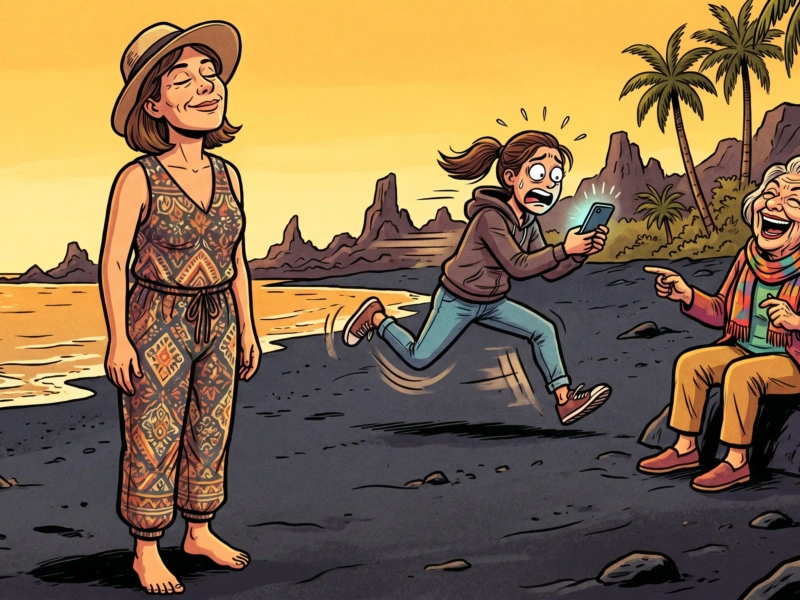 Ilustración de cómic español mujer de 40 años descalza y en paz en playa de arena negra canaria mientras una versión joven de ella misma corre frenética al fondo
