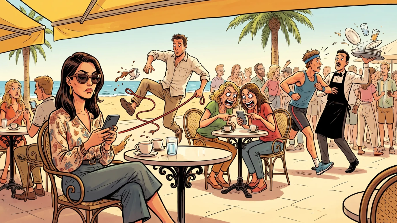 Ilustración de cómic español: mujer estilosa en terraza de Las Canteras mirando el móvil mientras a su alrededor se desata el caos entre los viandantes