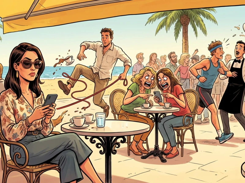 Ilustración de cómic español: mujer estilosa en terraza de Las Canteras mirando el móvil mientras a su alrededor se desata el caos entre los viandantes