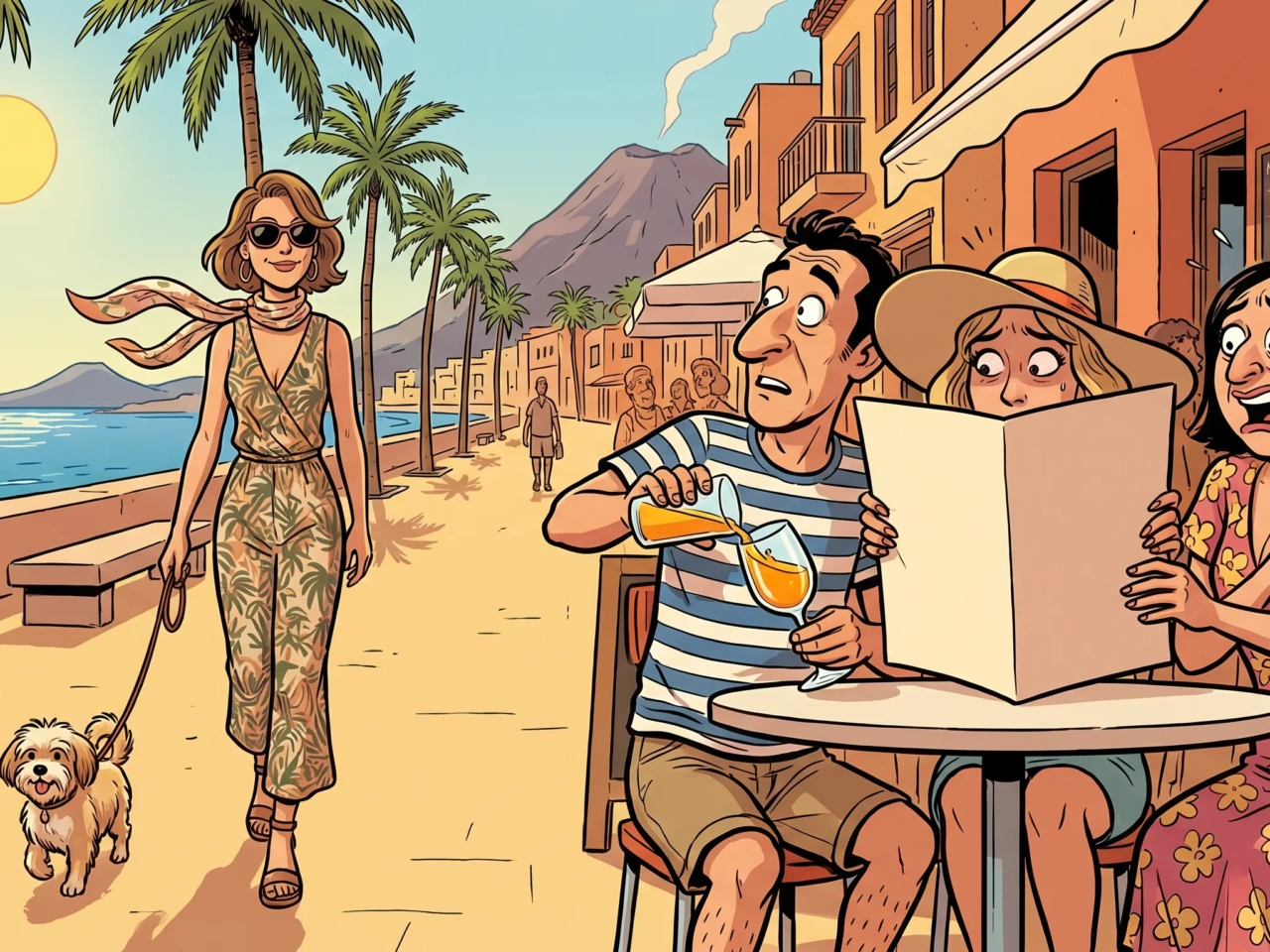 Ilustración de cómic español: mujer estilosa paseando a su perro por el paseo canario mientras un grupo de conocidos reacciona con expresiones de pánico exageradas al verla pasar