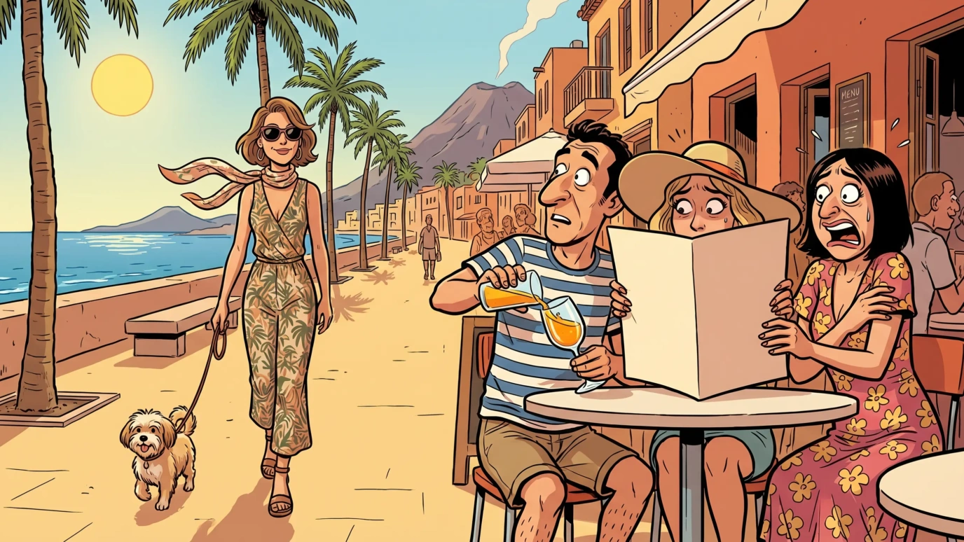 Ilustración de cómic español: mujer estilosa paseando a su perro por el paseo canario mientras un grupo de conocidos reacciona con expresiones de pánico exageradas al verla pasar