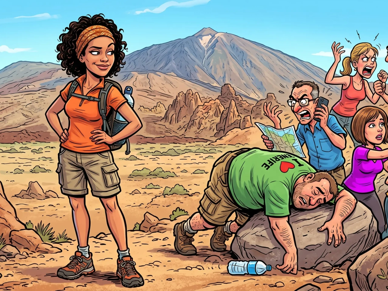 Ilustración de cómic español: mujer segura y estilosa en el inicio de una ruta de senderismo en Tenerife con el Teide al fondo, mientras a su espalda un grupo caótico de excursionistas hace el ridículo