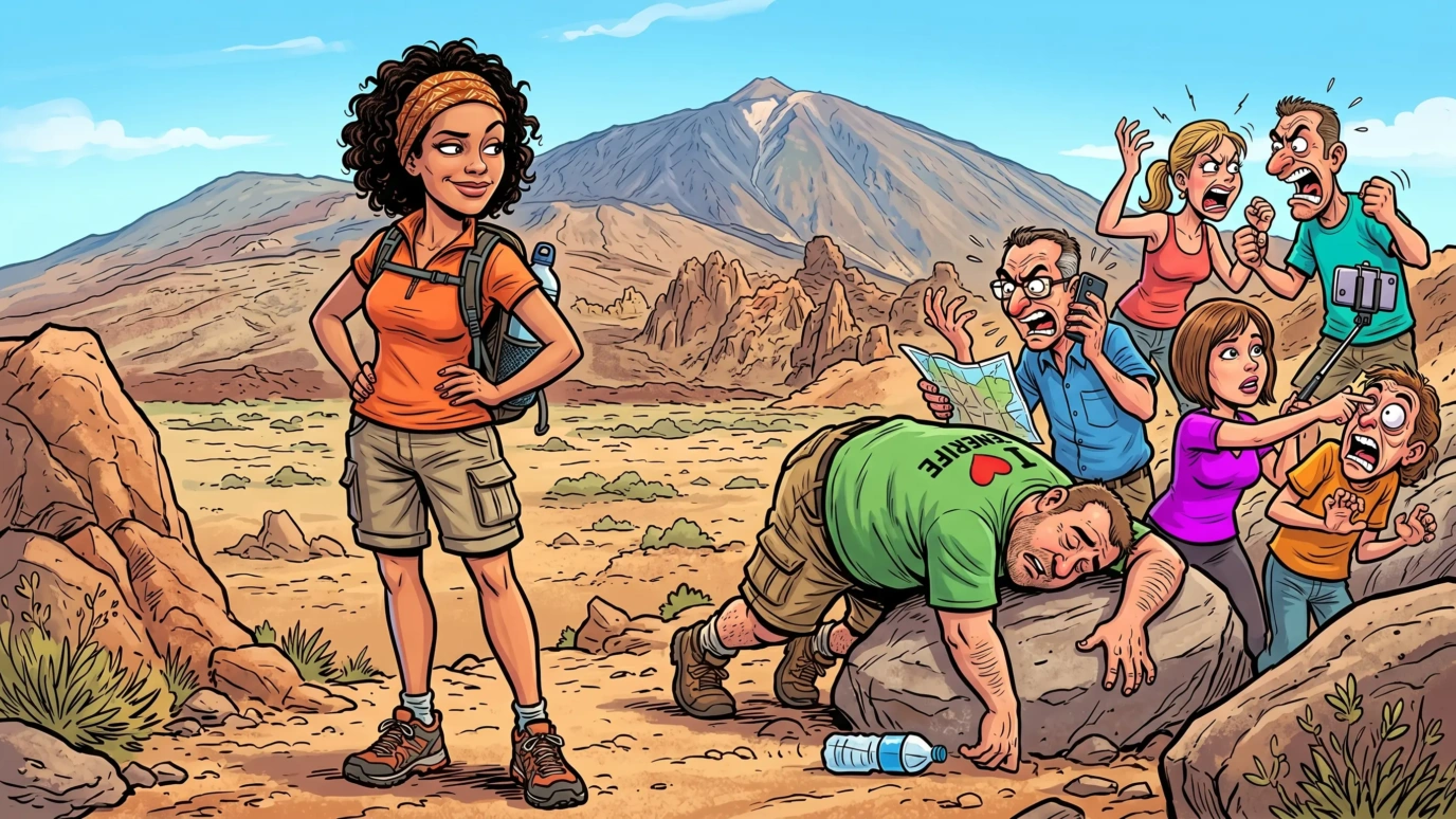 Ilustración de cómic español: mujer segura y estilosa en el inicio de una ruta de senderismo en Tenerife con el Teide al fondo, mientras a su espalda un grupo caótico de excursionistas hace el ridículo