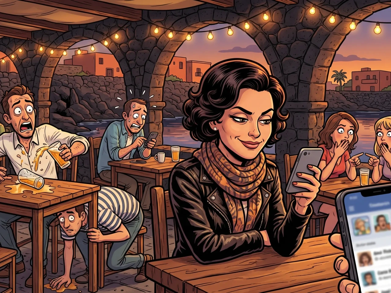 Mujer elegante consultando una app de citas en un bar junto al Charco de San Ginés mientras varios conocidos reaccionan con caras de pánico a su espalda