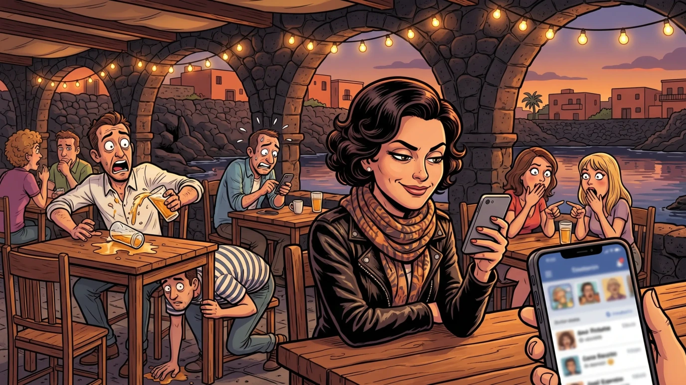 Mujer elegante consultando una app de citas en un bar junto al Charco de San Ginés mientras varios conocidos reaccionan con caras de pánico a su espalda