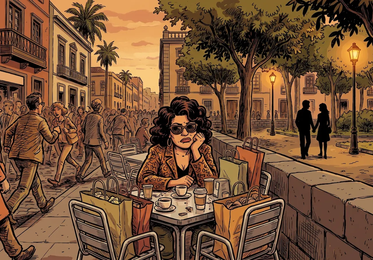 Mujer en terraza concurrida de Las Palmas comparando el ambiente ruidoso con un barrio tranquilo al fondo — ilustración sobre dónde quedar para una cita en Las Palmas