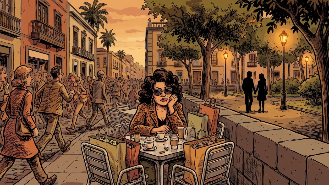 Mujer en terraza concurrida de Las Palmas comparando el ambiente ruidoso con un barrio tranquilo al fondo — ilustración sobre dónde quedar para una cita en Las Palmas