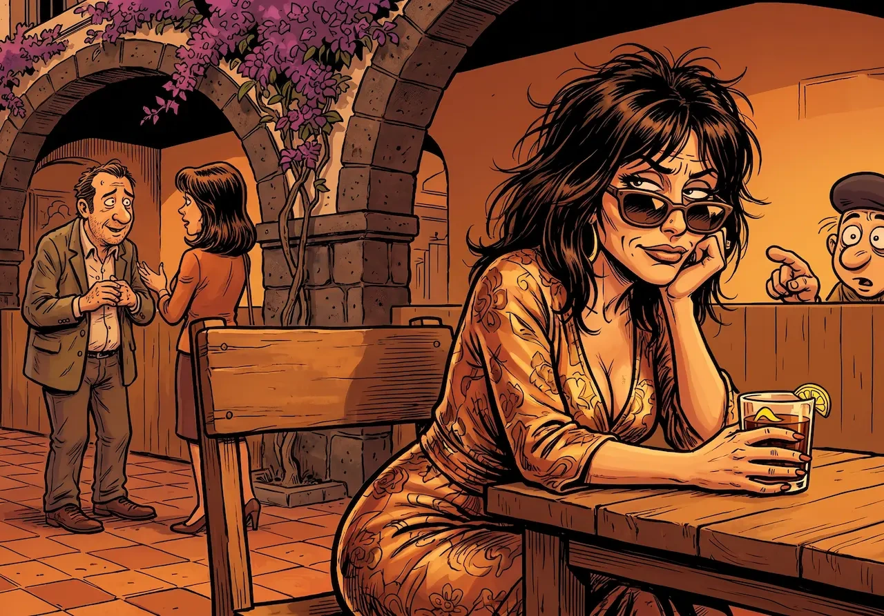 Mujer en una terraza de Las Palmas mirando a su ex en el bar de al lado — ilustración del síndrome del pueblo al ligar en Gran Canaria