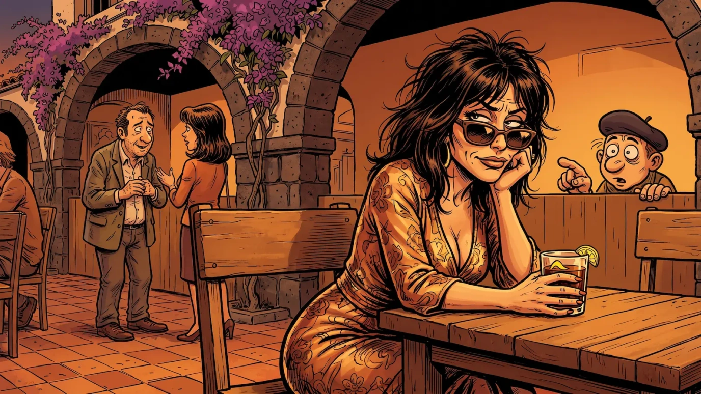 Mujer en una terraza de Las Palmas mirando a su ex en el bar de al lado — ilustración del síndrome del pueblo al ligar en Gran Canaria