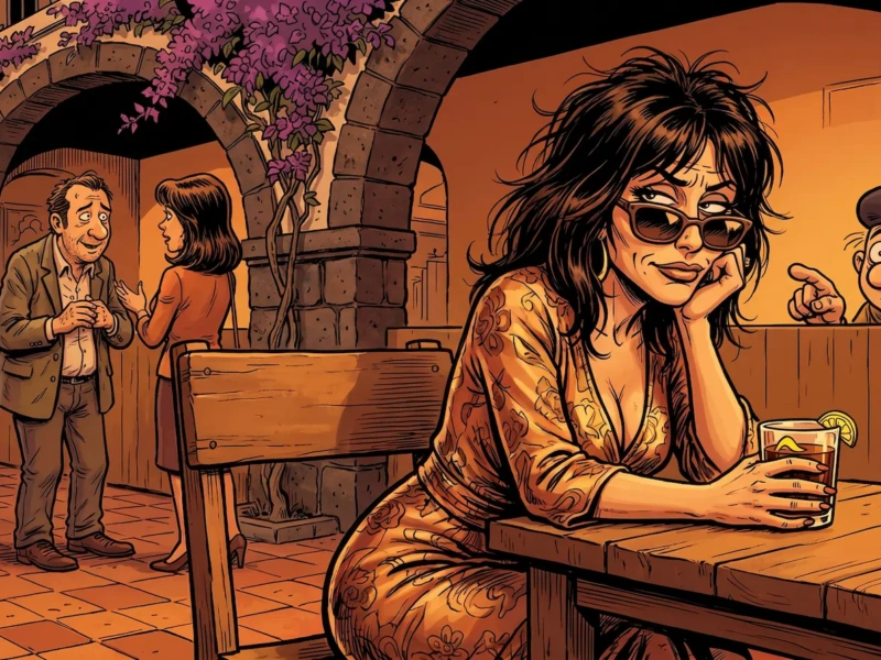 Mujer en una terraza de Las Palmas mirando a su ex en el bar de al lado — ilustración del síndrome del pueblo al ligar en Gran Canaria