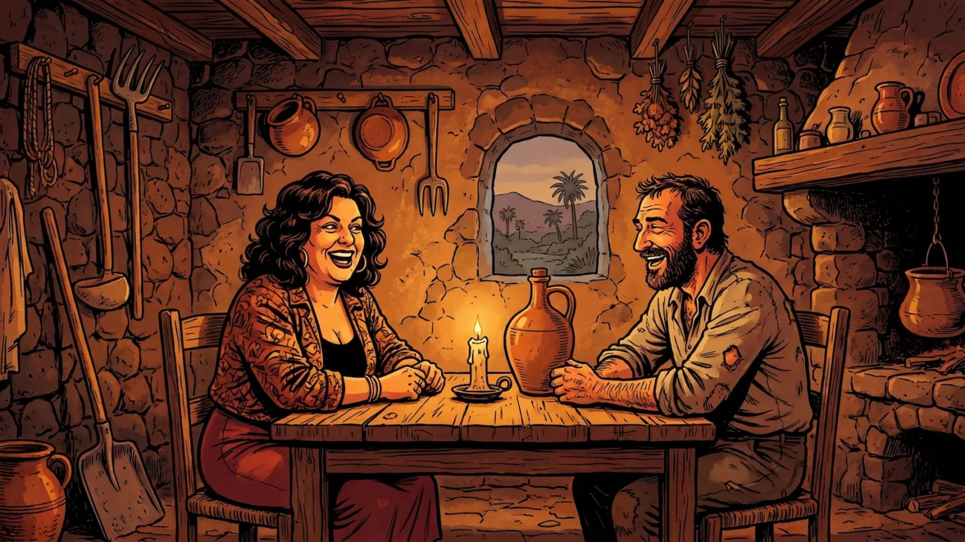 Pareja en primera cita en un guachinche del norte de Tenerife — ilustración de los mejores guachinches de Tenerife para citas