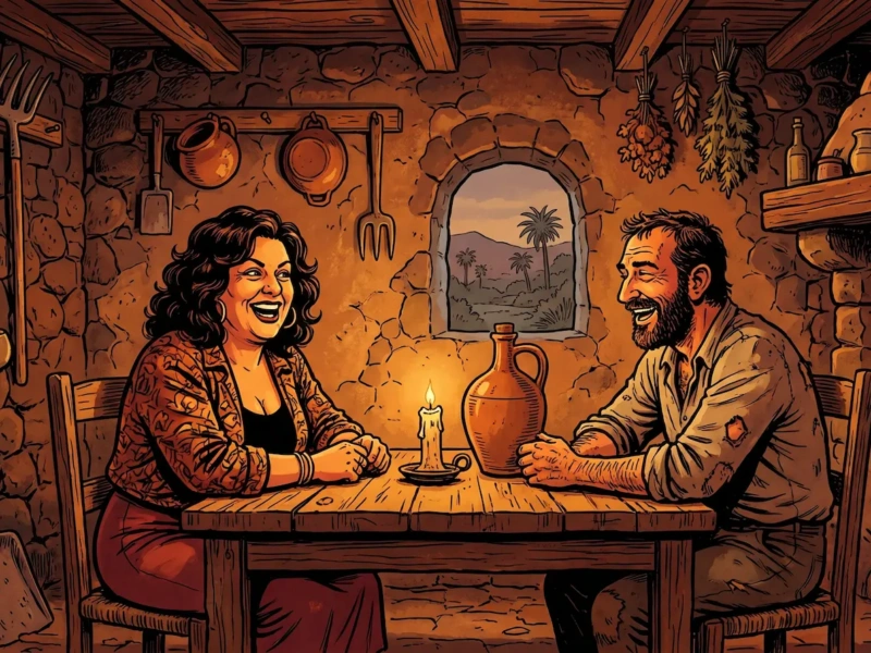 Pareja en primera cita en un guachinche del norte de Tenerife — ilustración de los mejores guachinches de Tenerife para citas