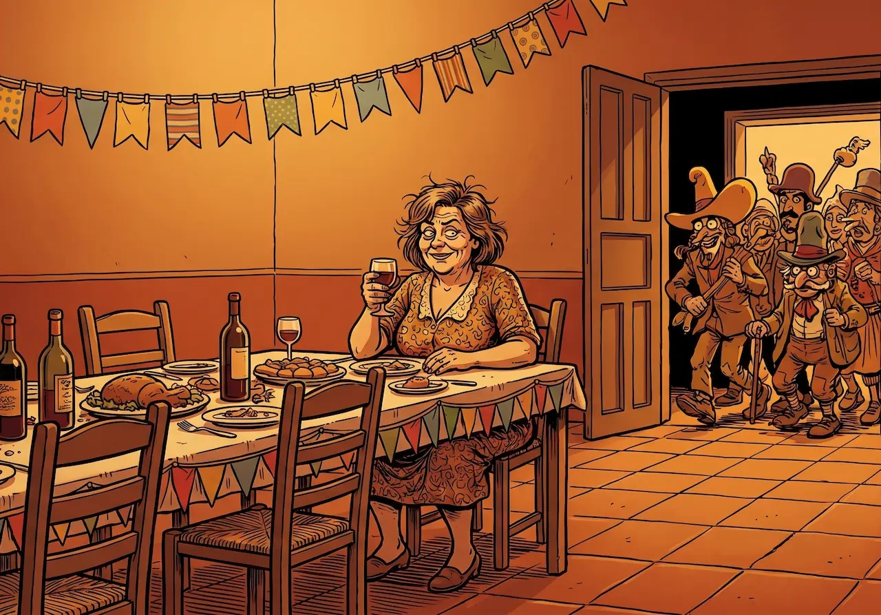 ujer sola en mesa de cena de solteros en Las Palmas — ilustración de crónica honesta sobre eventos para solteros en Gran Canaria