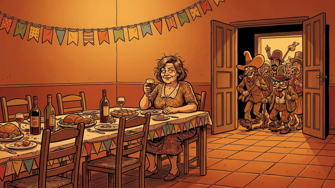 ujer sola en mesa de cena de solteros en Las Palmas — ilustración de crónica honesta sobre eventos para solteros en Gran Canaria