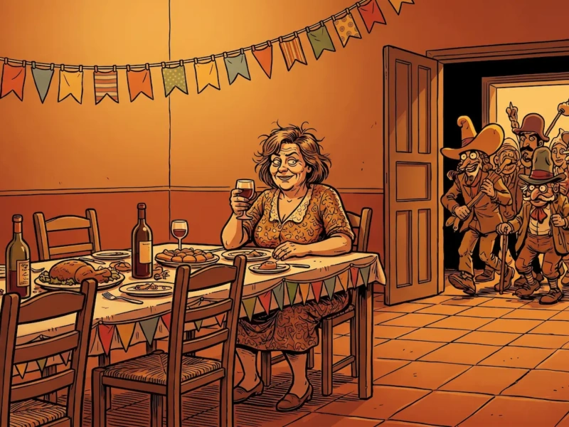 ujer sola en mesa de cena de solteros en Las Palmas — ilustración de crónica honesta sobre eventos para solteros en Gran Canaria