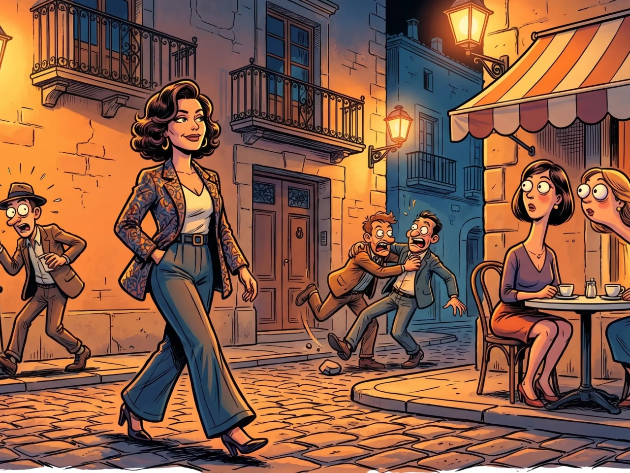 Ilustración de cómic español mujer elegante caminando de noche por el barrio de Triana en Las Palmas mientras provoca el caos a su paso