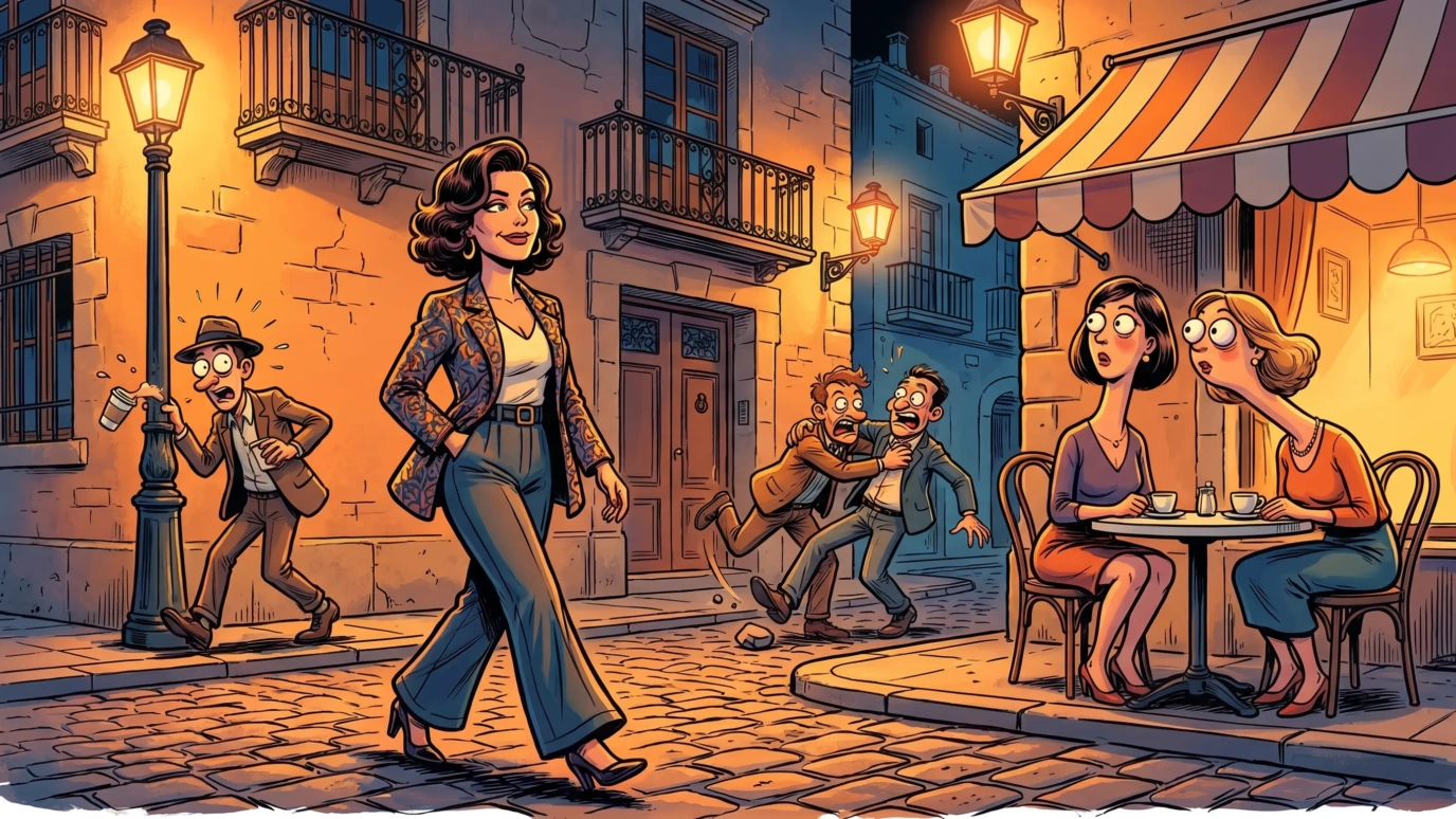 Ilustración de cómic español mujer elegante caminando de noche por el barrio de Triana en Las Palmas mientras provoca el caos a su paso