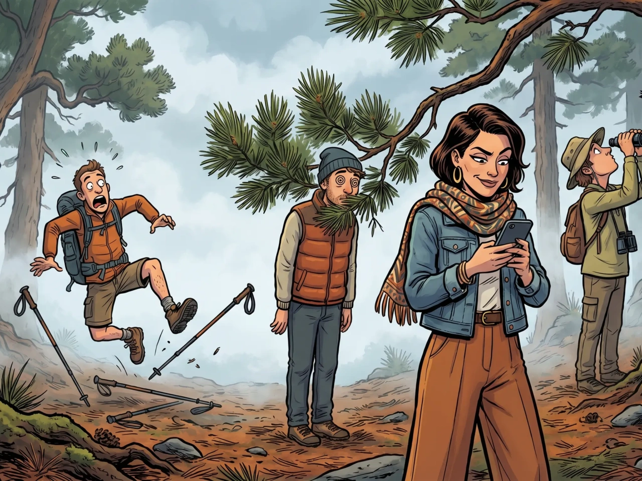 Ilustración de cómic español mujer estilosa en bosque de pinos canarios de La Palma mirando el móvil mientras excursionistas a su espalda hacen el ridículo