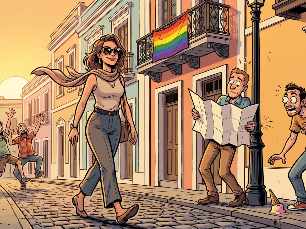Ilustración de cómic español mujer estilosa paseando con total naturalidad por las calles empedradas del casco histórico de La Laguna