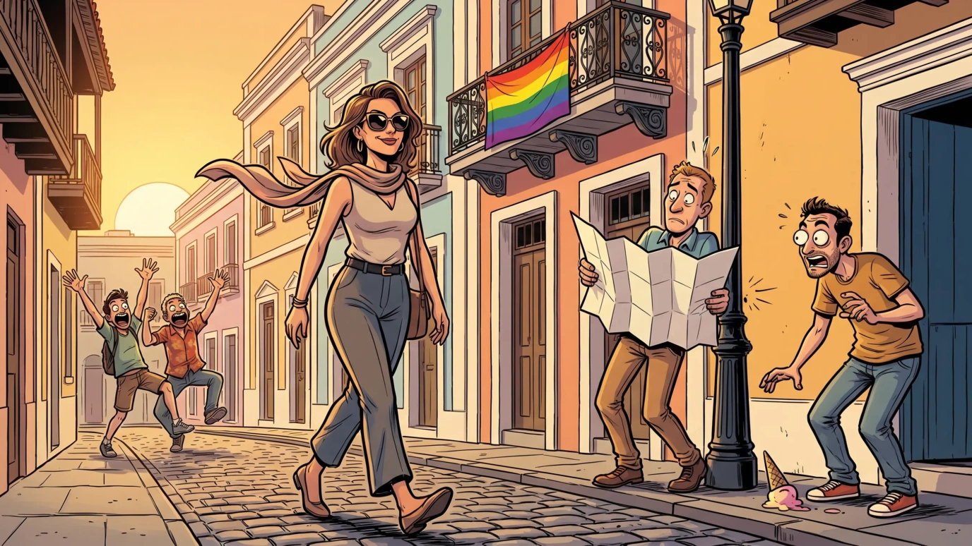 Ilustración de cómic español mujer estilosa paseando con total naturalidad por las calles empedradas del casco histórico de La Laguna