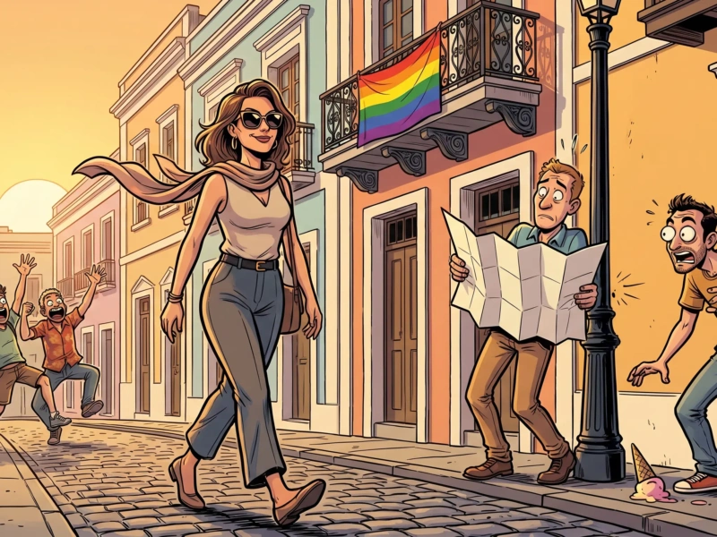 Ilustración de cómic español mujer estilosa paseando con total naturalidad por las calles empedradas del casco histórico de La Laguna