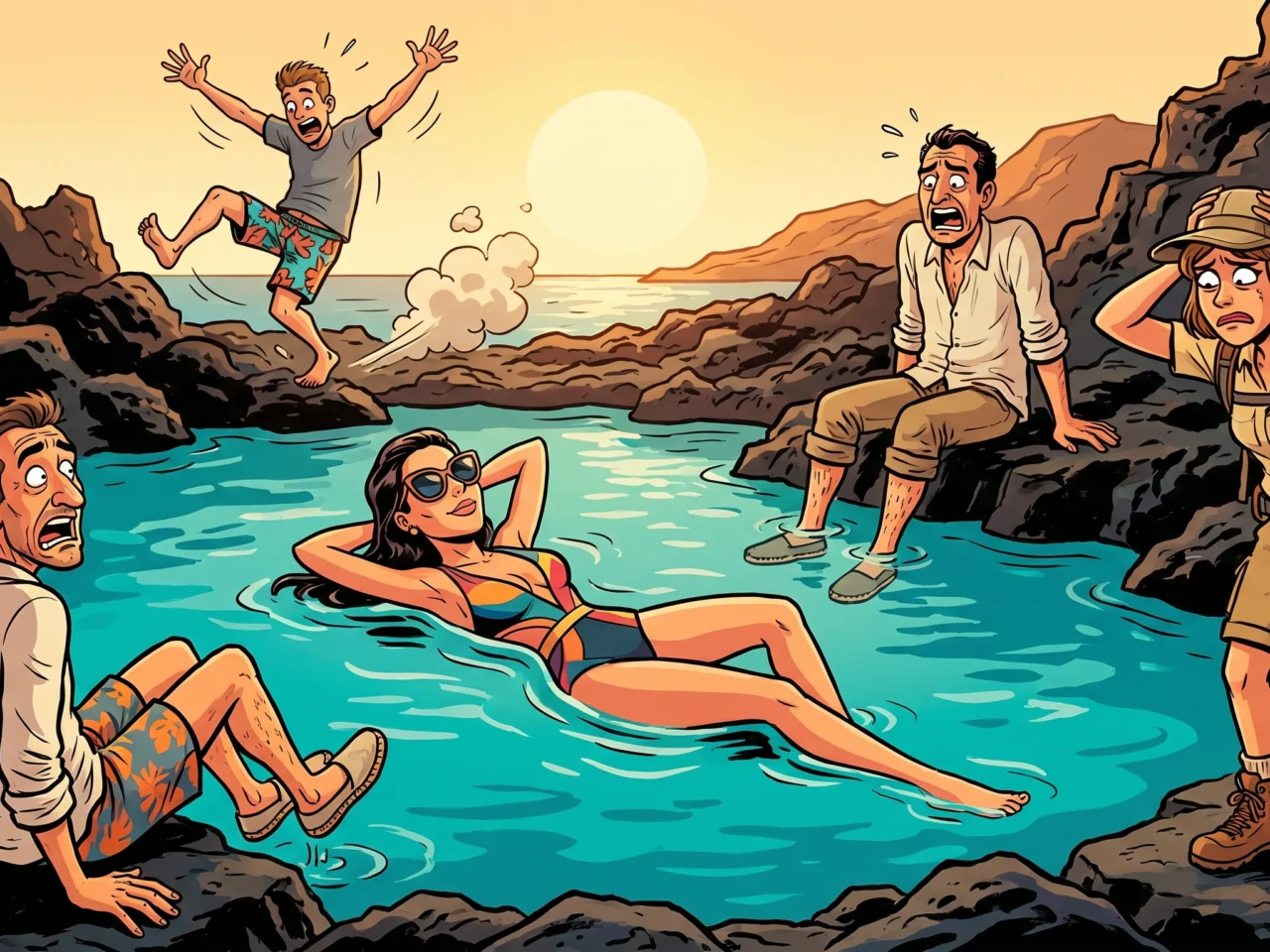 Ilustración de cómic español: mujer flotando serena en charco volcánico de El Hierro mientras otros visitantes se las ven y se las desean para meterse
