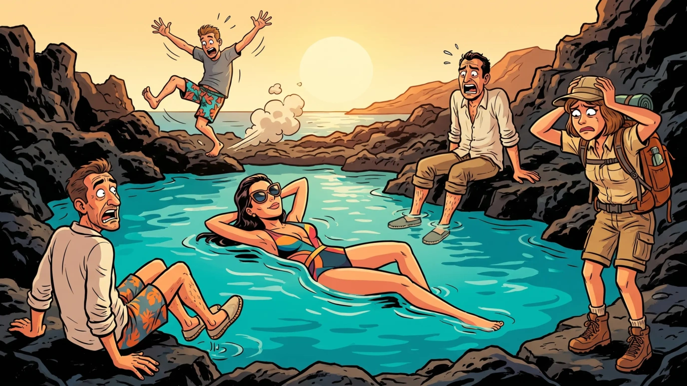 Ilustración de cómic español: mujer flotando serena en charco volcánico de El Hierro mientras otros visitantes se las ven y se las desean para meterse