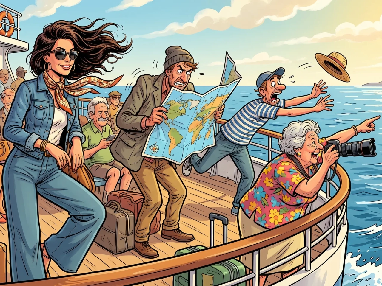 Ilustración de cómic español mujer relajada en la cubierta del ferry a La Gomera mientras pasajeros a su alrededor se pelean con el viento atlántico