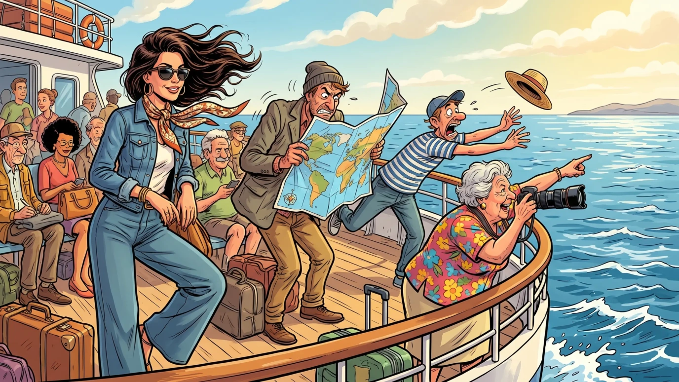 Ilustración de cómic español mujer relajada en la cubierta del ferry a La Gomera mientras pasajeros a su alrededor se pelean con el viento atlántico