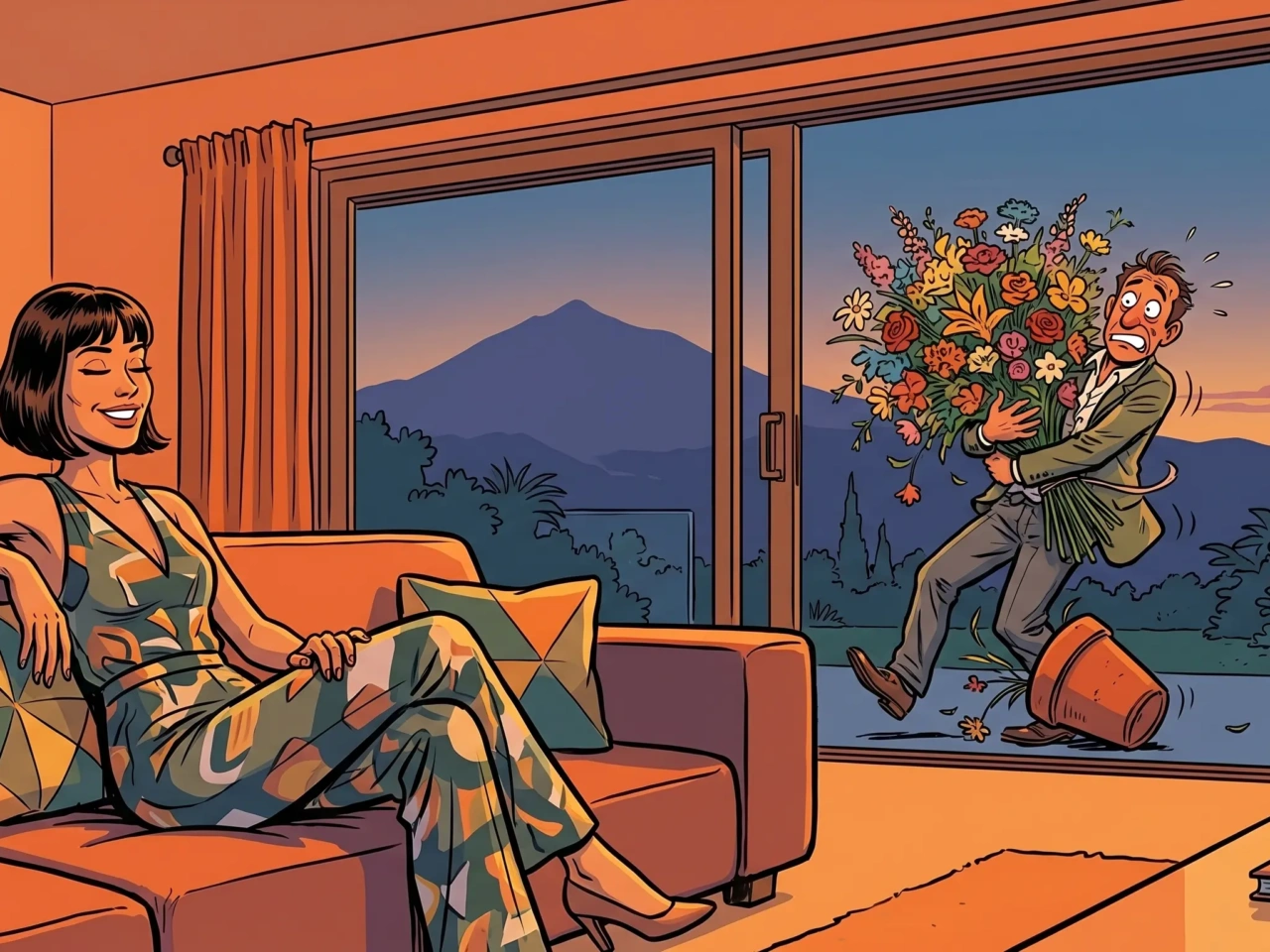 Ilustración de cómic español mujer segura y sofisticada en interior de villa canaria al anochecer con el Teide al fondo