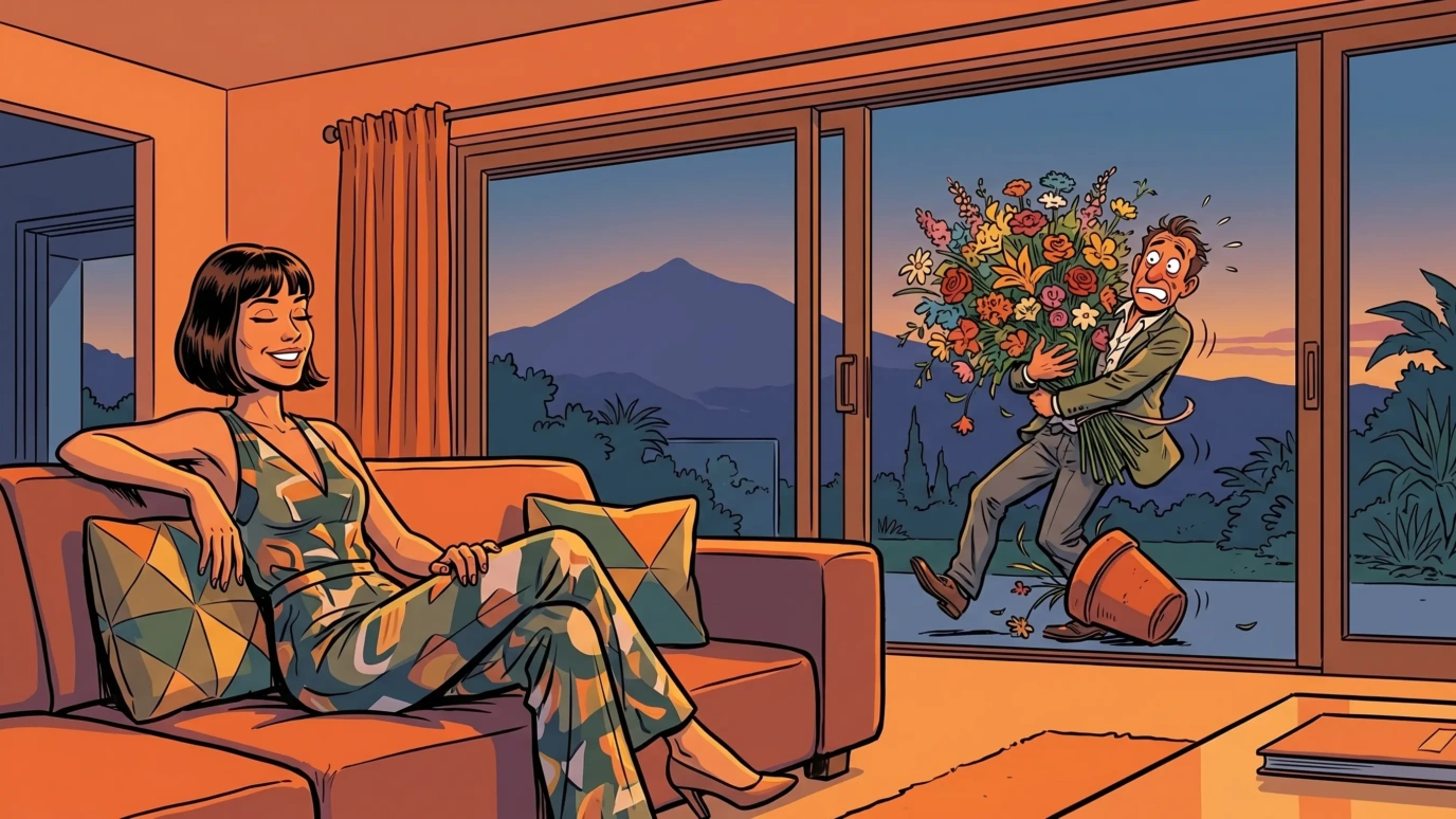 Ilustración de cómic español mujer segura y sofisticada en interior de villa canaria al anochecer con el Teide al fondo
