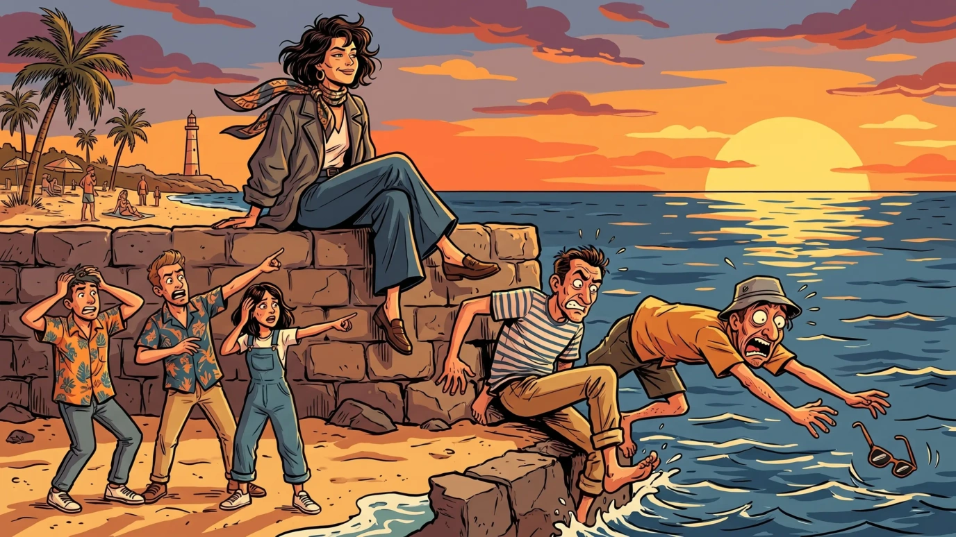 Ilustración de cómic español mujer sentada con calma en el malecón de Las Canteras al atardecer mientras a su alrededor se desata el caos