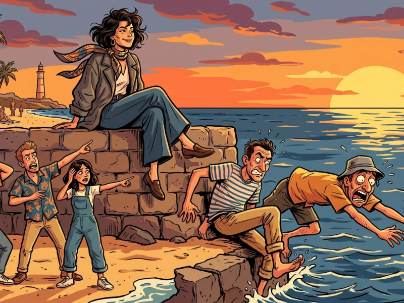 Ilustración de cómic español mujer sentada con calma en el malecón de Las Canteras al atardecer mientras a su alrededor se desata el caos